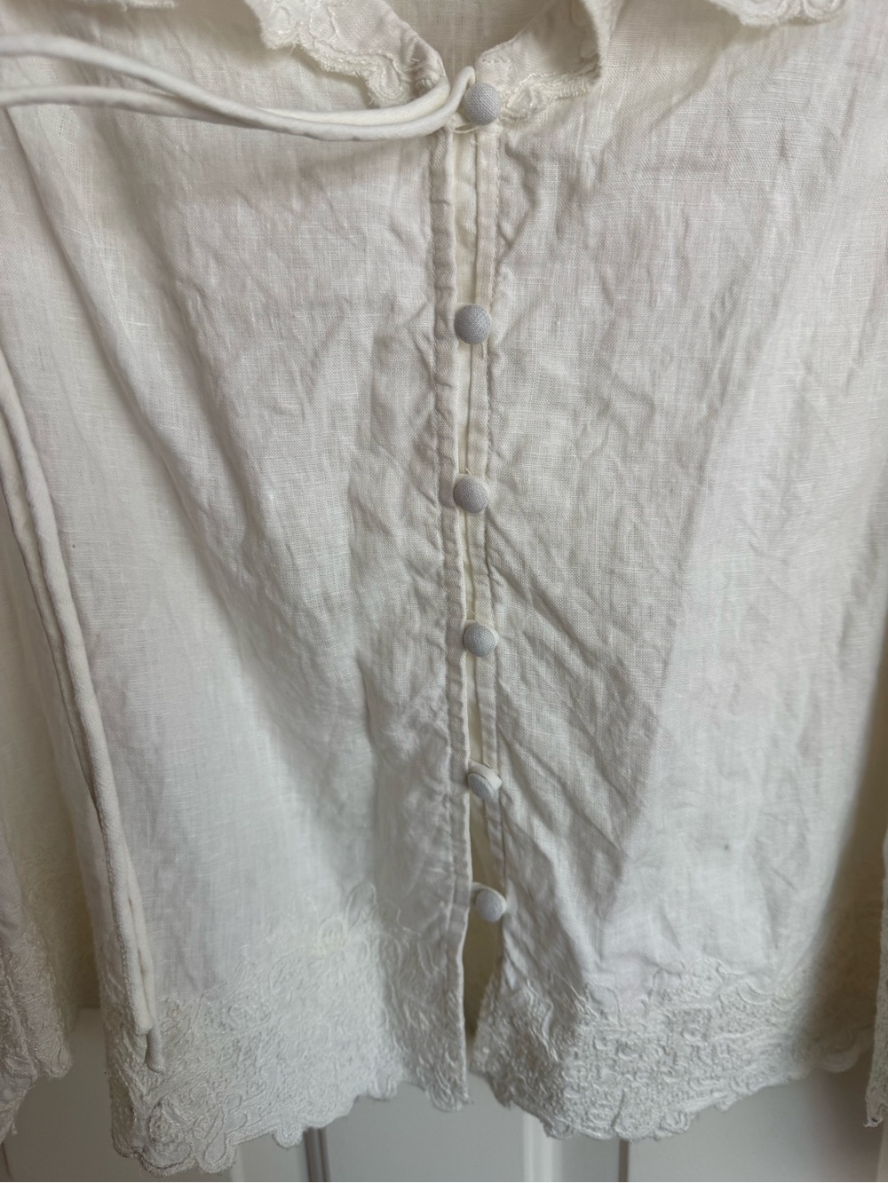 Anthropologie Cream Ruffle Tie-Front Blouse 100% Linen - XS - Picture 7 of 11